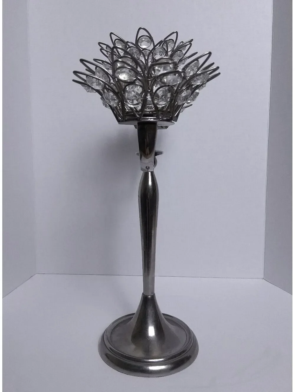 Elegant 3-Arm Silver Metal Candelabra with Crystal Beaded Flower Cups